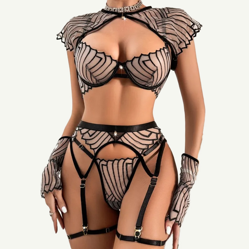 Women's Black Geometric Embroi - Garter Belt Set 评论和价格